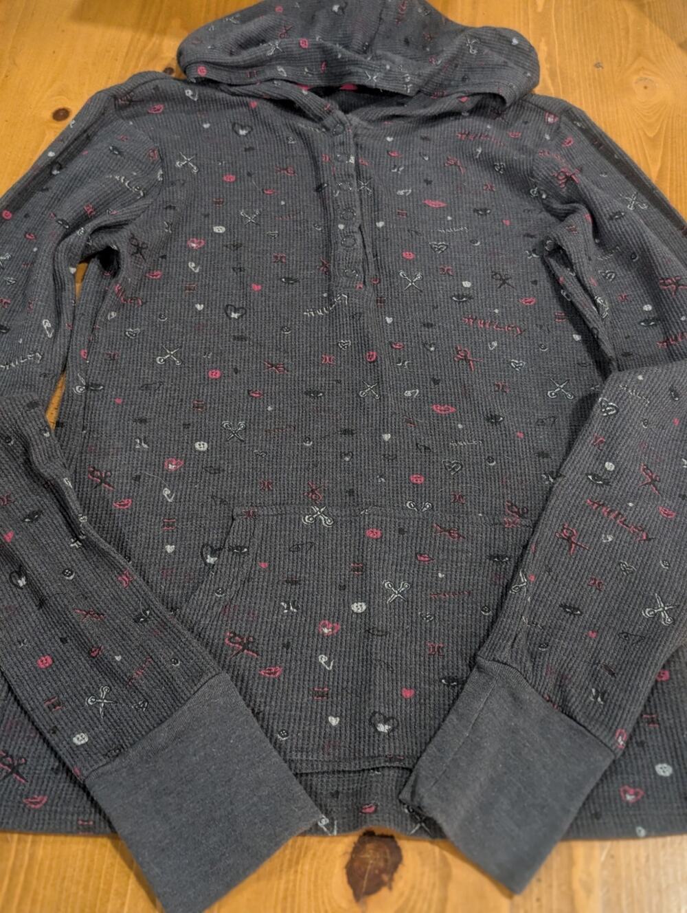 Hurley Long Sleeve Hooded Thermal, Charcoal Gray, Pink Print, Women's Large, LNN